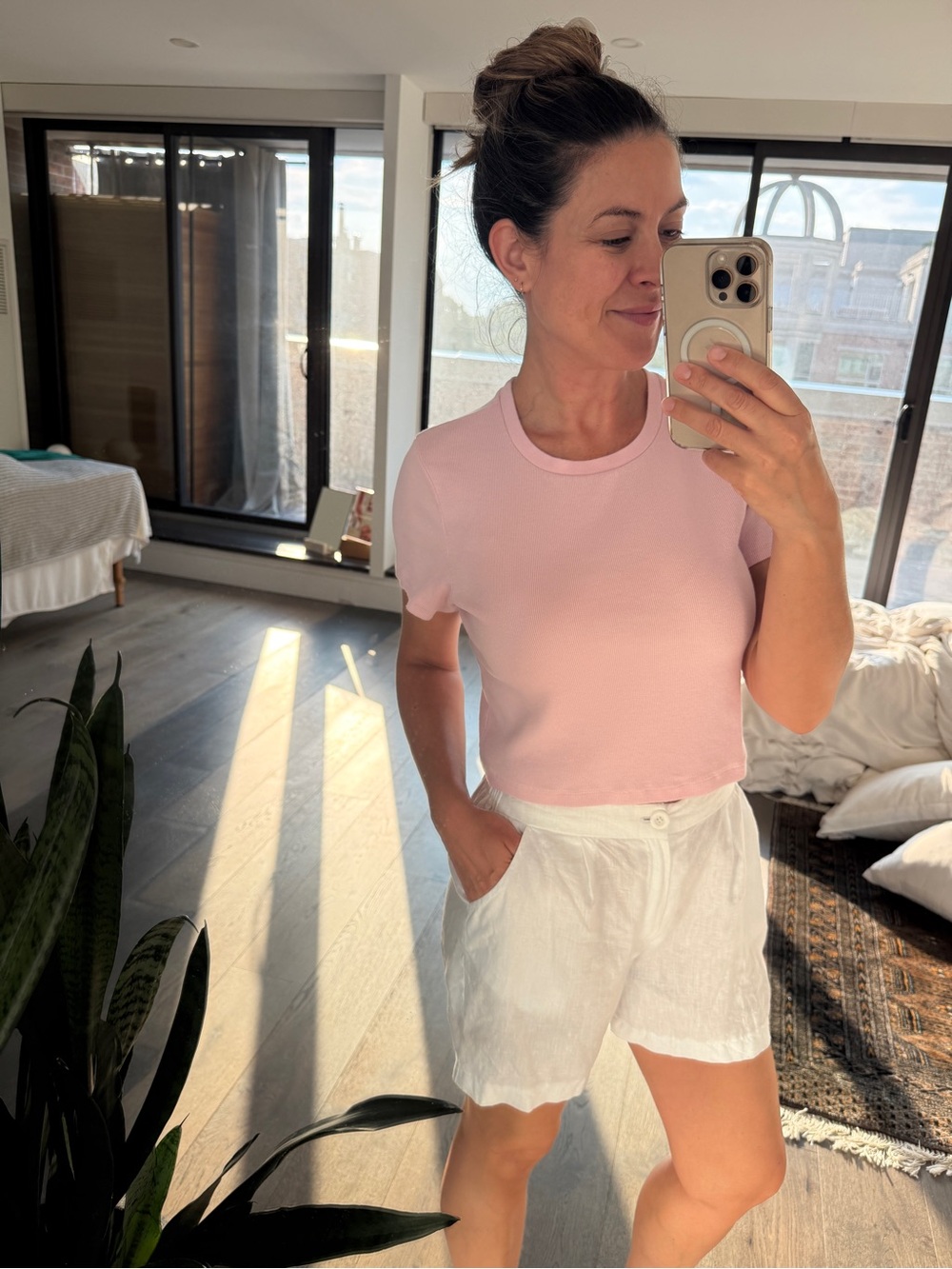 White Linen Blend Tailored Shorts